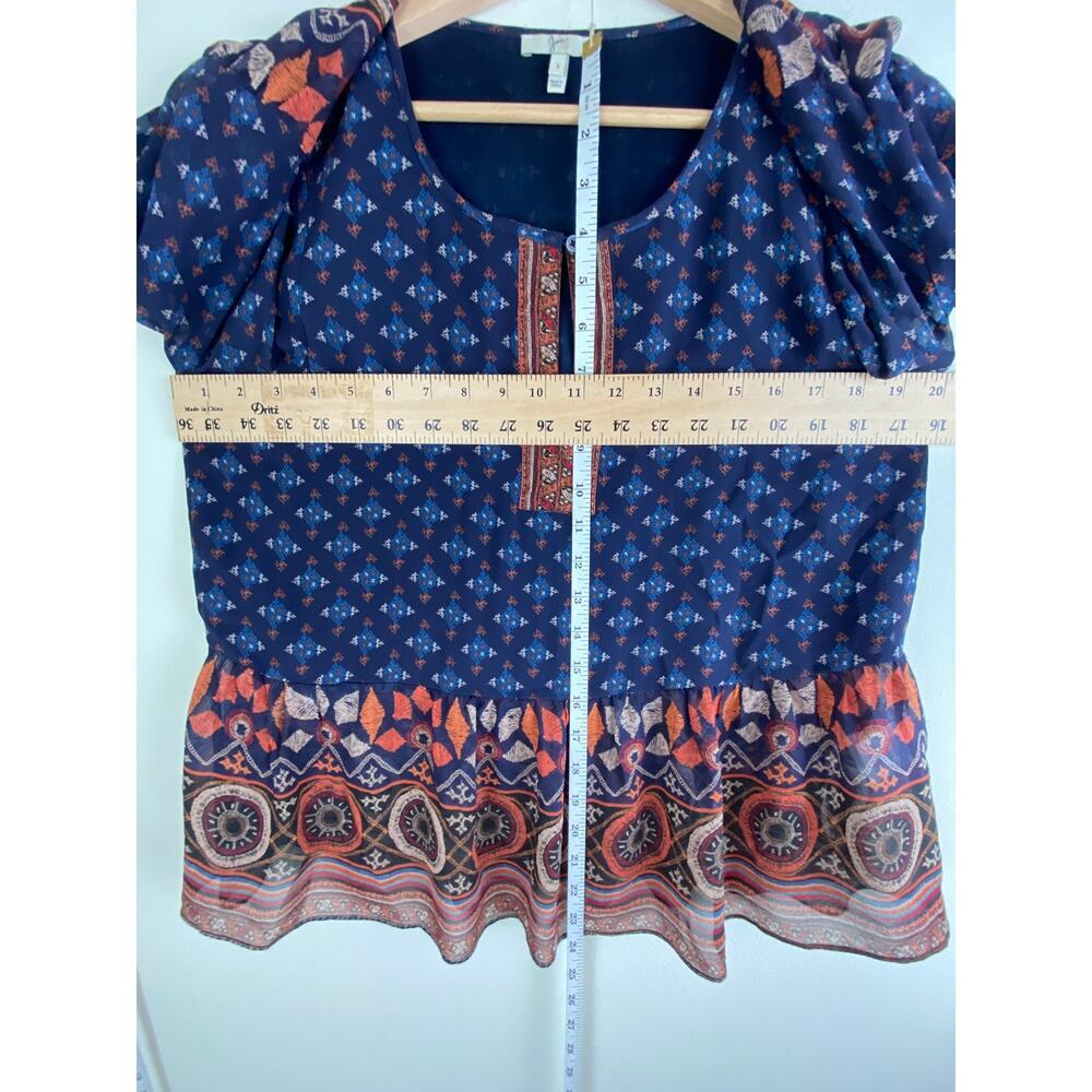 Joie Silk Blouse Navy Multi Print Sheer Sleeve Relaxed Top Small - Picture 12 of 12